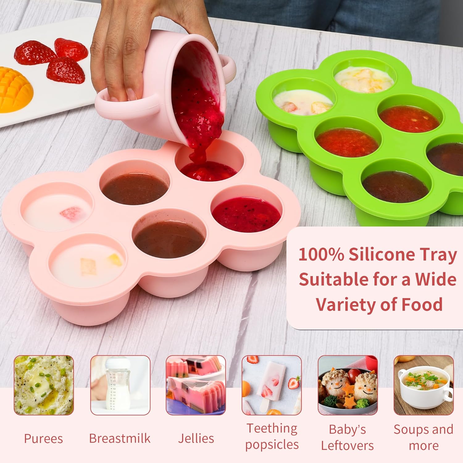 Baby Silicone Freezer Tray with Clip on Lid, 6 x 3 OZ Baby Silicone Freezer Molds, Silicone Storage