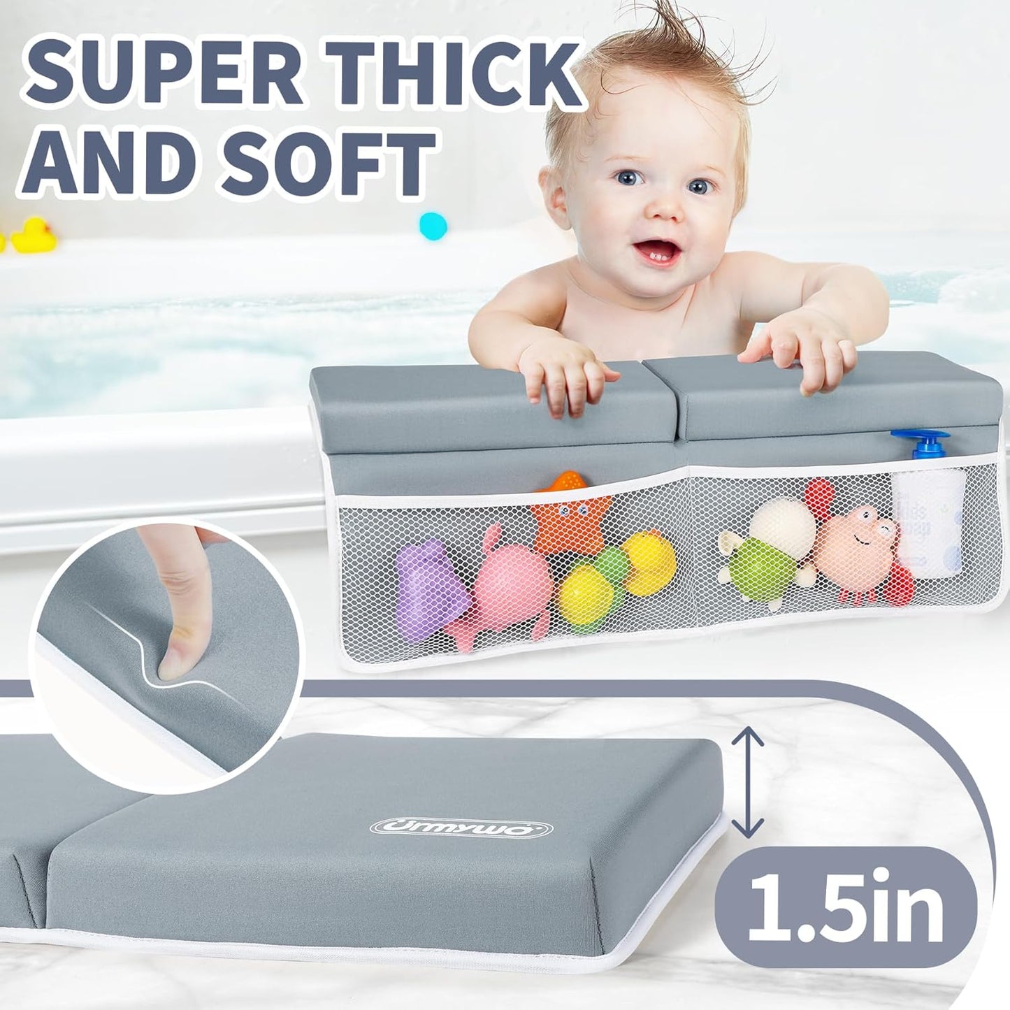URMYWO Bath Kneeler and Elbow Rest Pad Set - 1.5" Thick Baby Bath Kneeler Pads with Toys Organizer