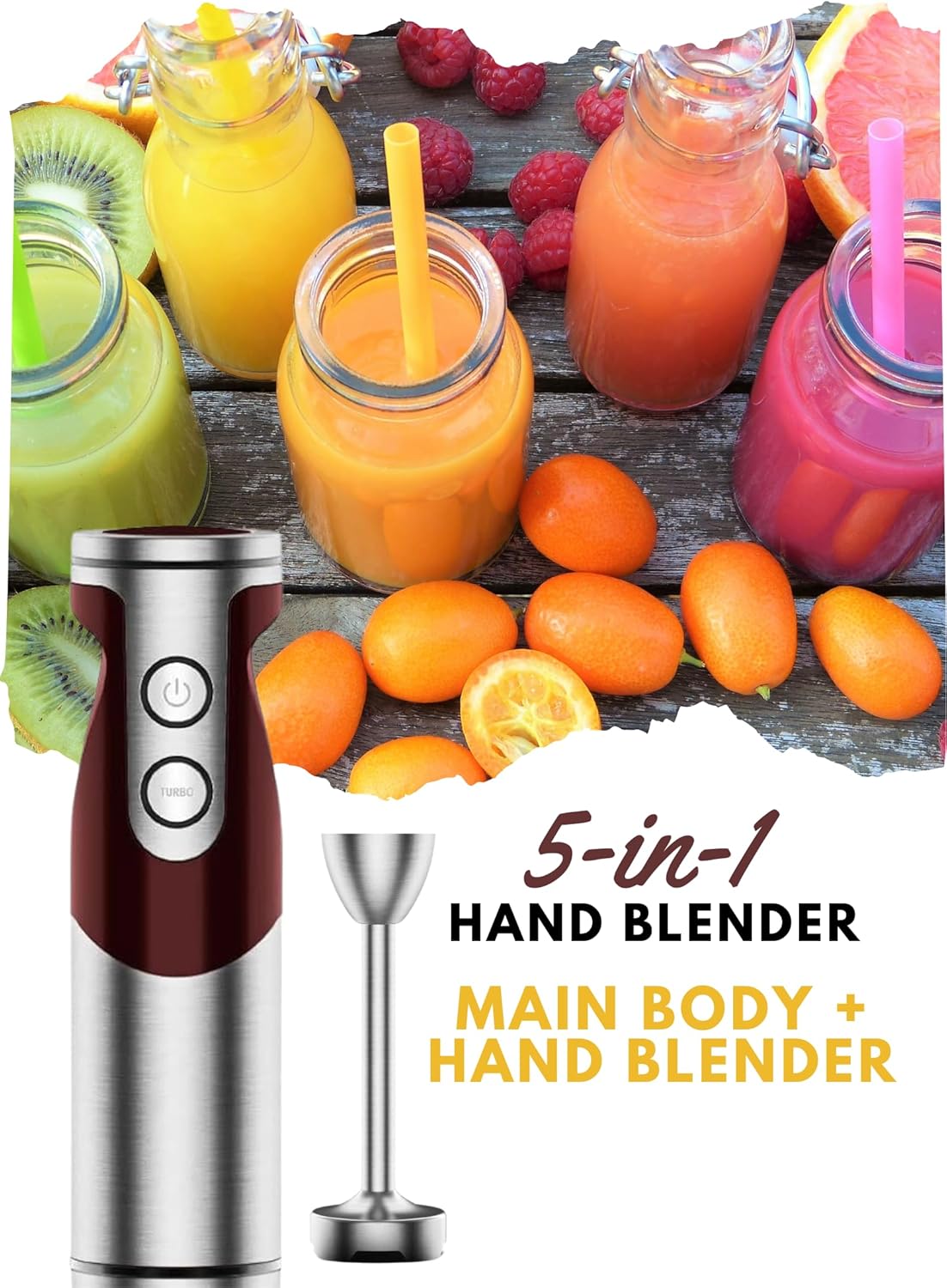 MegaWise 5-in-1 Immersion Hand Blender Set with Variable Speed, 400W, Stainless Steel - Includes