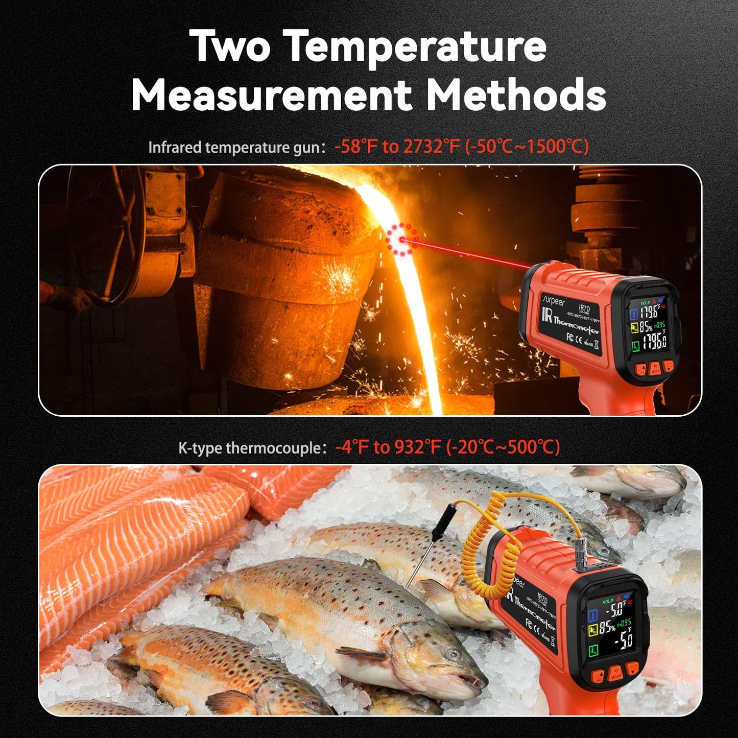 -58°F to 2732°F Infrared Thermometer Temperature Gun with Thermocouple Probe, 50:1 Laser