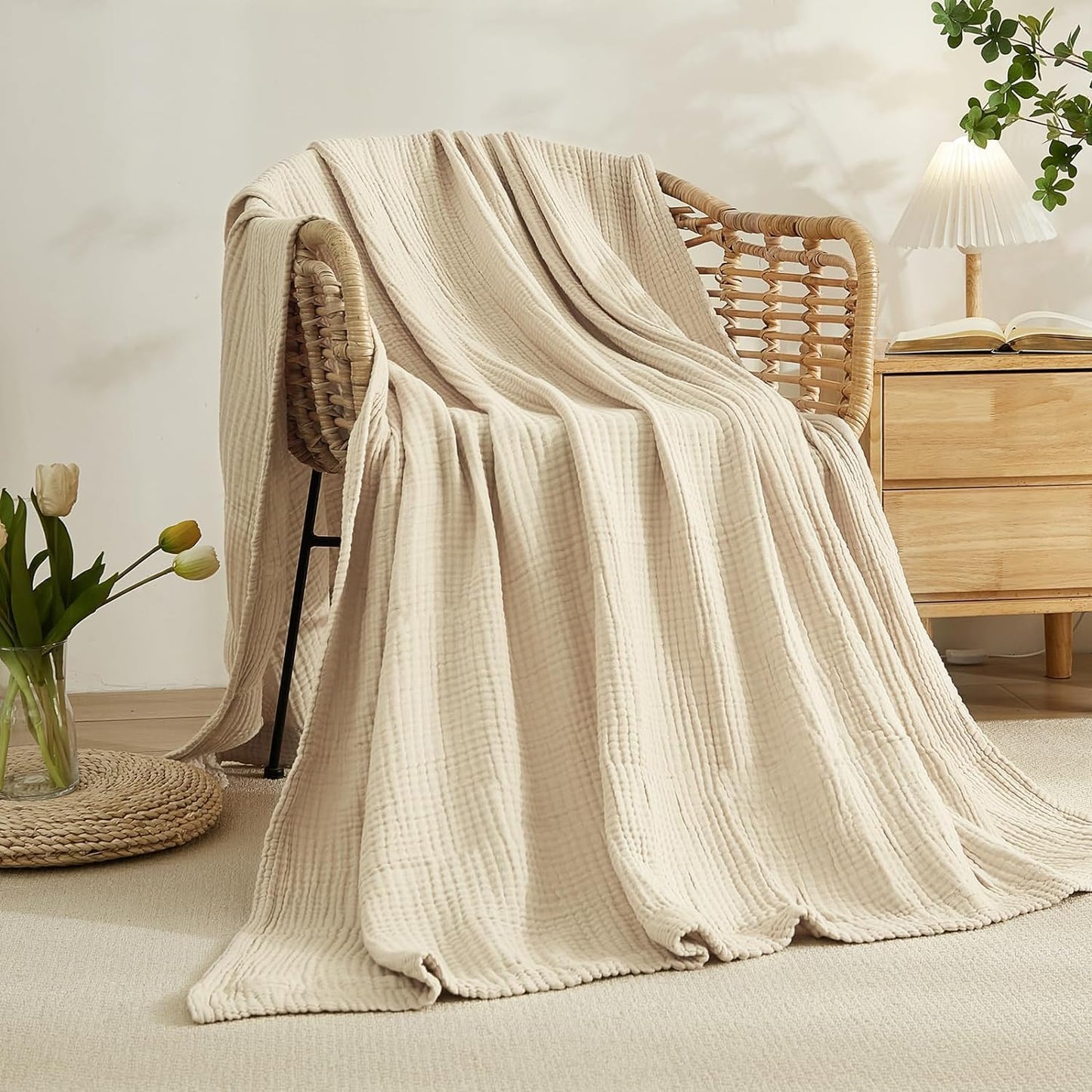 EMME Cotton Throw Blanket Large 50"x70" Gifts for Women 100% Muslin for Couch Breathable Gauze All Season Soft and Lightweight Pre-Washed (Light Tan)