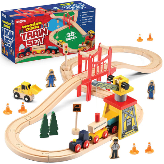 Play22 Wooden Train Set Toddler Toys - 38 Pieces Wood Train Track Set for Toddlers 3-4 Years with