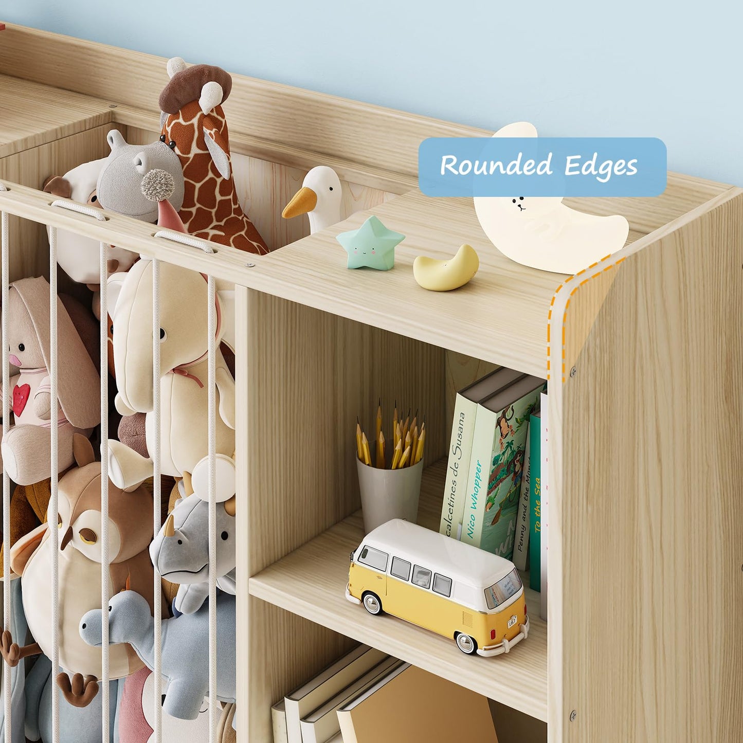 EXPERLAM 4-in-1 Toy Storage Organizer with Stuffed Animal Storage, Solid Pine Kids Bookshelf and