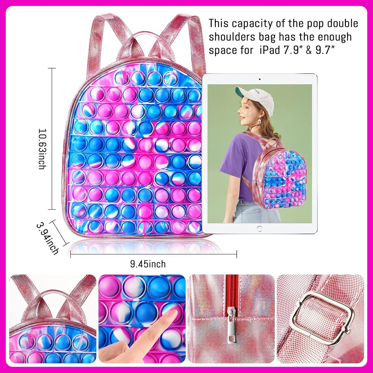 SCIONE Pop Backpack Fidget Toy for Girls, Easter Gifts for Kids School Bookbag, Large Capacity Push Bubble Backpack Fidget Toys Easter Birthday Fidgets Gifts for Girls