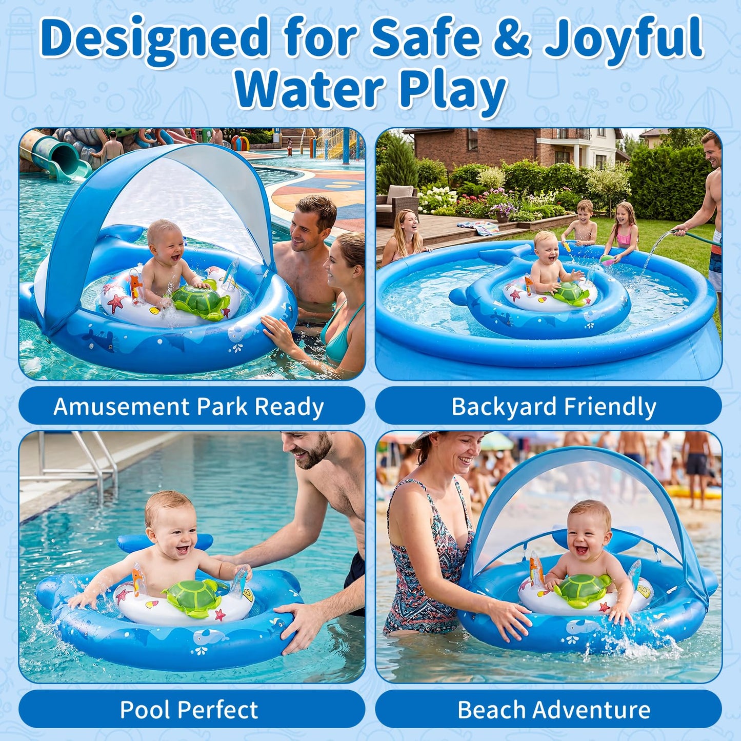 Inflatable Baby Pool Float with Sun Canopy, UPF50 Sun Protection, Portable & Easy to Store, Padded