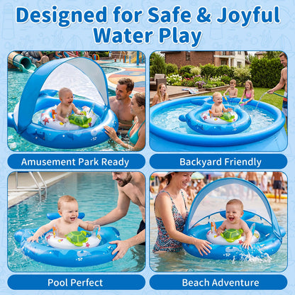 Inflatable Baby Pool Float with Sun Canopy, UPF50 Sun Protection, Portable & Easy to Store, Padded