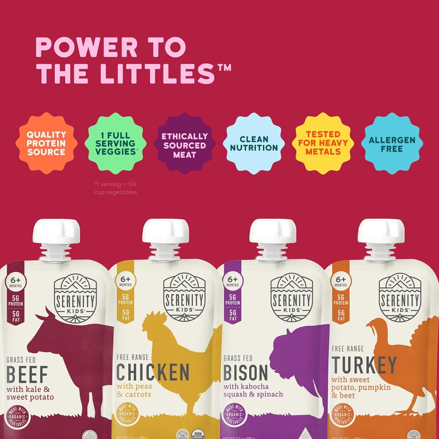 Serenity Kids 6+ Months Baby Food Pouches - Ethically Sourced Meat & Organic Veggies - High Protein