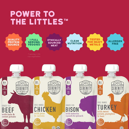 Serenity Kids 6+ Months Baby Food Pouches - Ethically Sourced Meat & Organic Veggies - High Protein