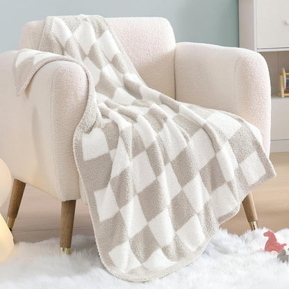 WRENSONGE Checkered Throw Blanket, Taupe Soft Cozy Fluffy Warm Hand Made Throw Blankets for Couch