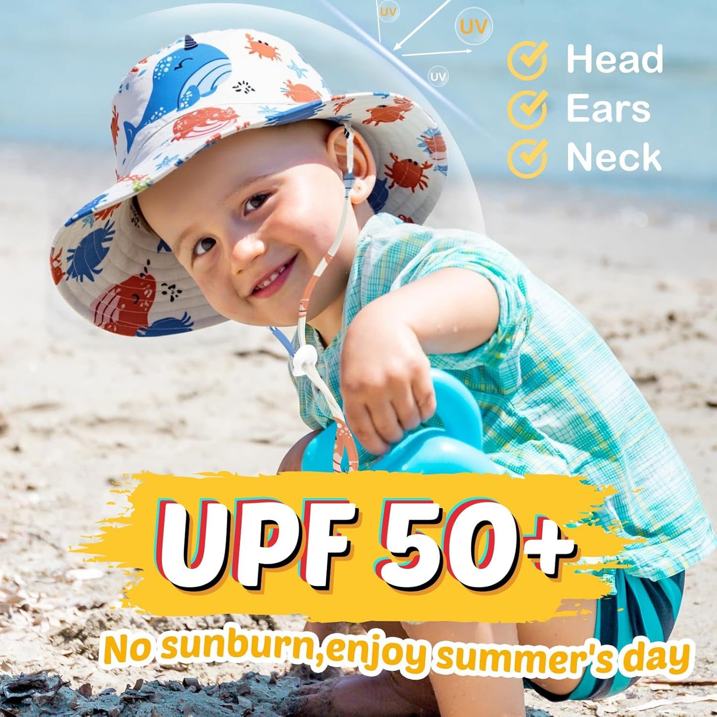 Baby Sun Hat Kids Summer UPF 50+ Toddler Bucket Hat Wide Brim Adjustable Beach Hats for Boys Girls Age 0-6 Years