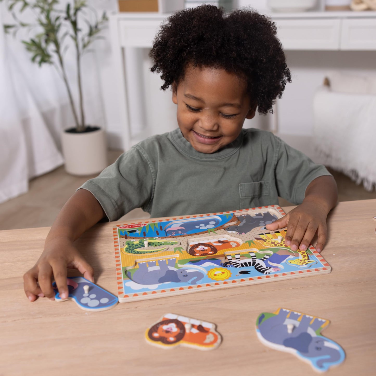 Melissa & Doug Wooden Peg Puzzle Set – 4-Pack Vehicle, Farm, Safari & Pet Animal Themes