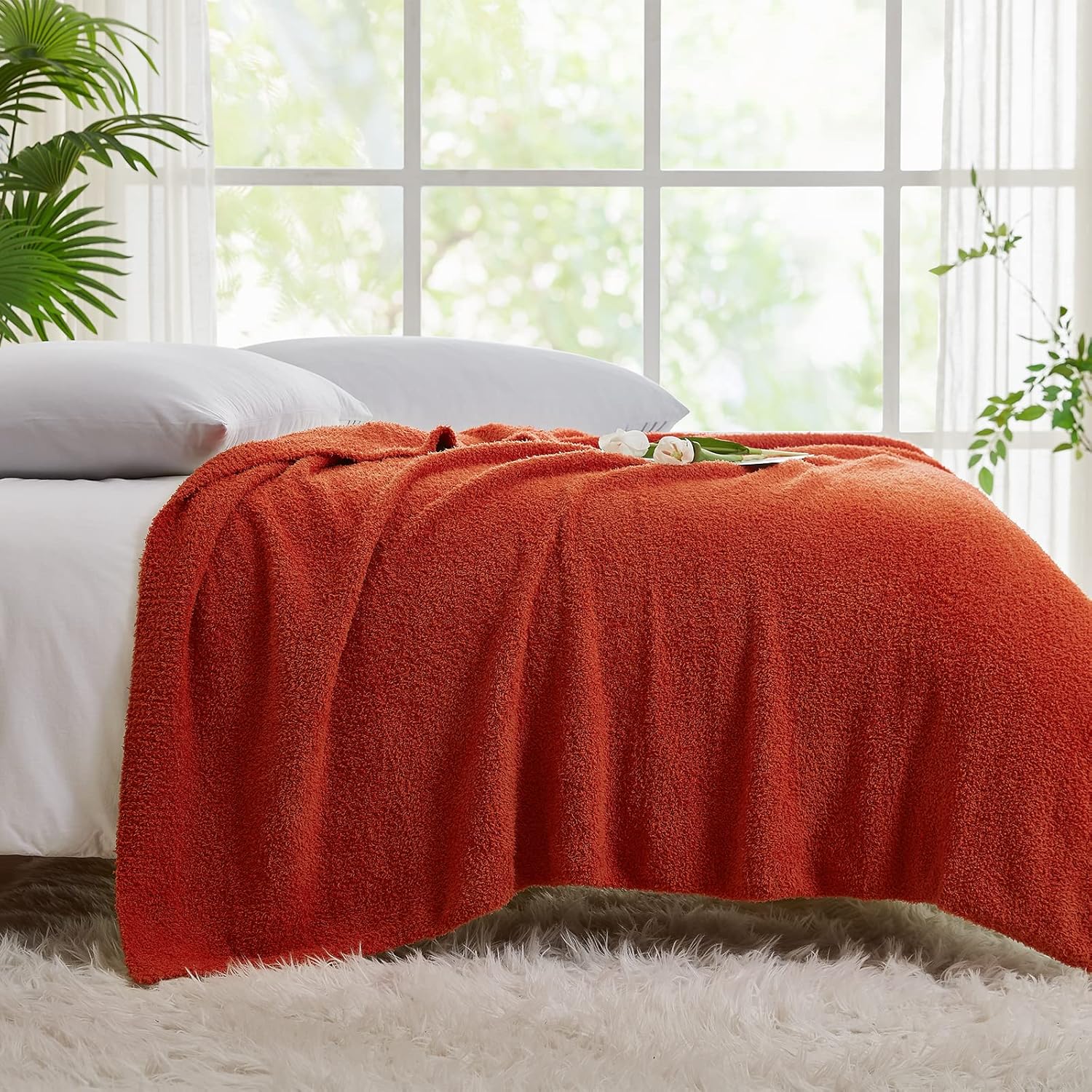 CYMULA Knit Fall Throw Blanket for Couch Orange-Super Soft Lightweight Plush Fuzzy Fluffy Cozy