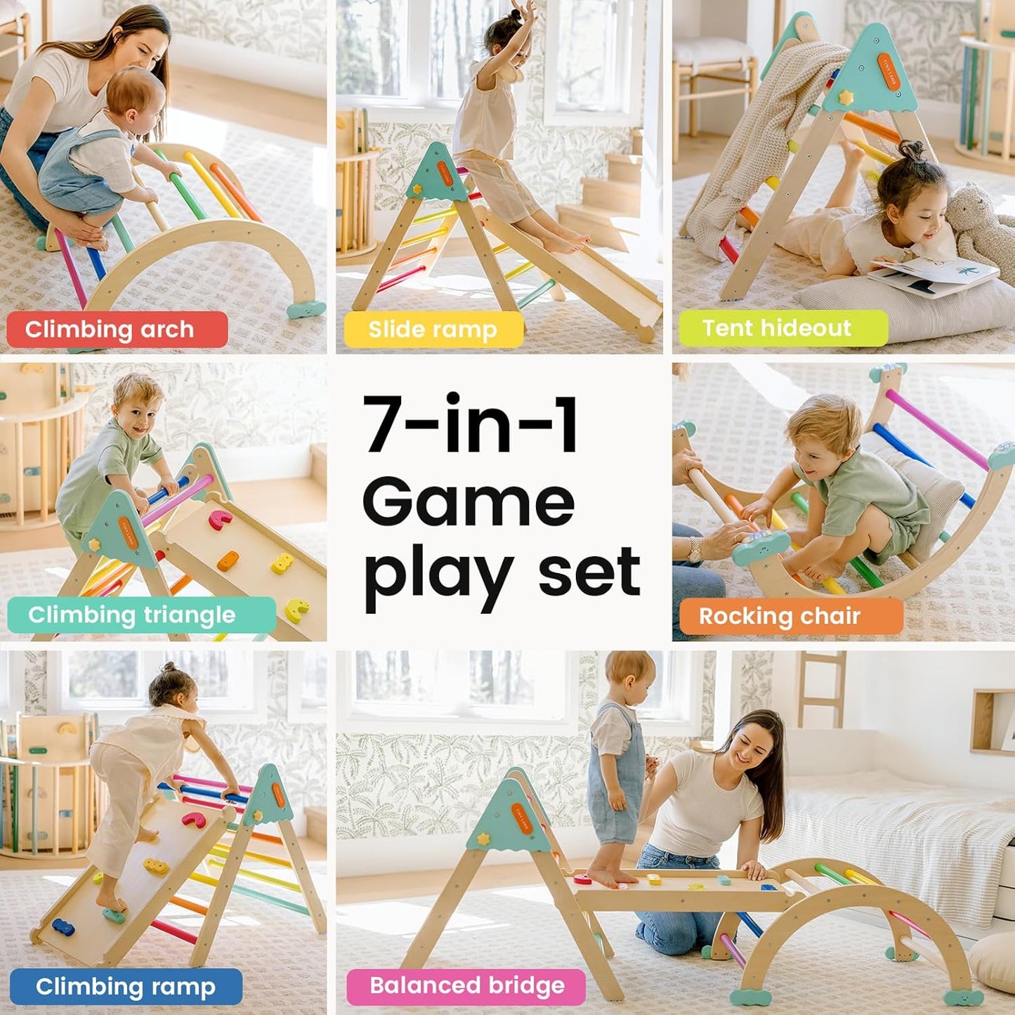 Tiny Land Pikler Triangle Set,7-in-1 Foldable Montessori Toddler Climbing Toys Indoor, Wooden Playground Jungle Gym for Kids, Climber Gift for Boys & Girls Toddler Climbing Toys (Rainbow)