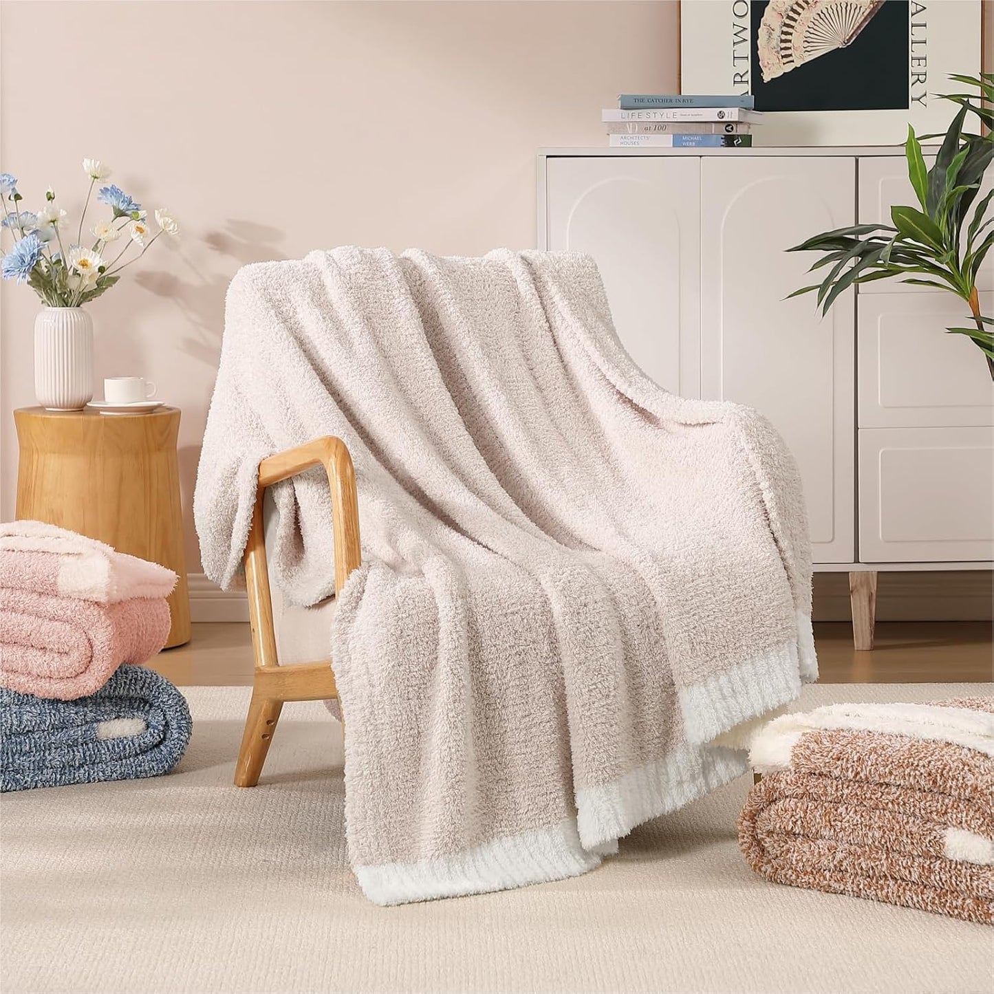 WRENSONGE Throw Blanket Cationic Dyeing Taupe Soft Cozy Fluffy Warm Hand Made Throw Blankets for
