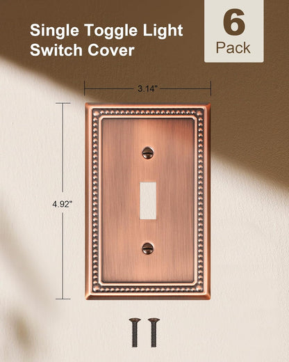 6-Pack Single Toggle Light Switch Cover Plate, Pearls Decorative Switch Plate Covers, Antique Copper 1 Gang Metal Wall Plate, Corrosion Resistant