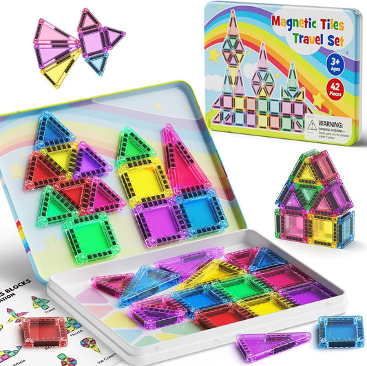 Magnetic Tiles Travel Toys for Kids 4-8, 42PCS Candy Color STEM Building Blocks with Visual Storage Guide & Metal Case, Airplane Activities & Toddler Travel Essentials Ages 3-5