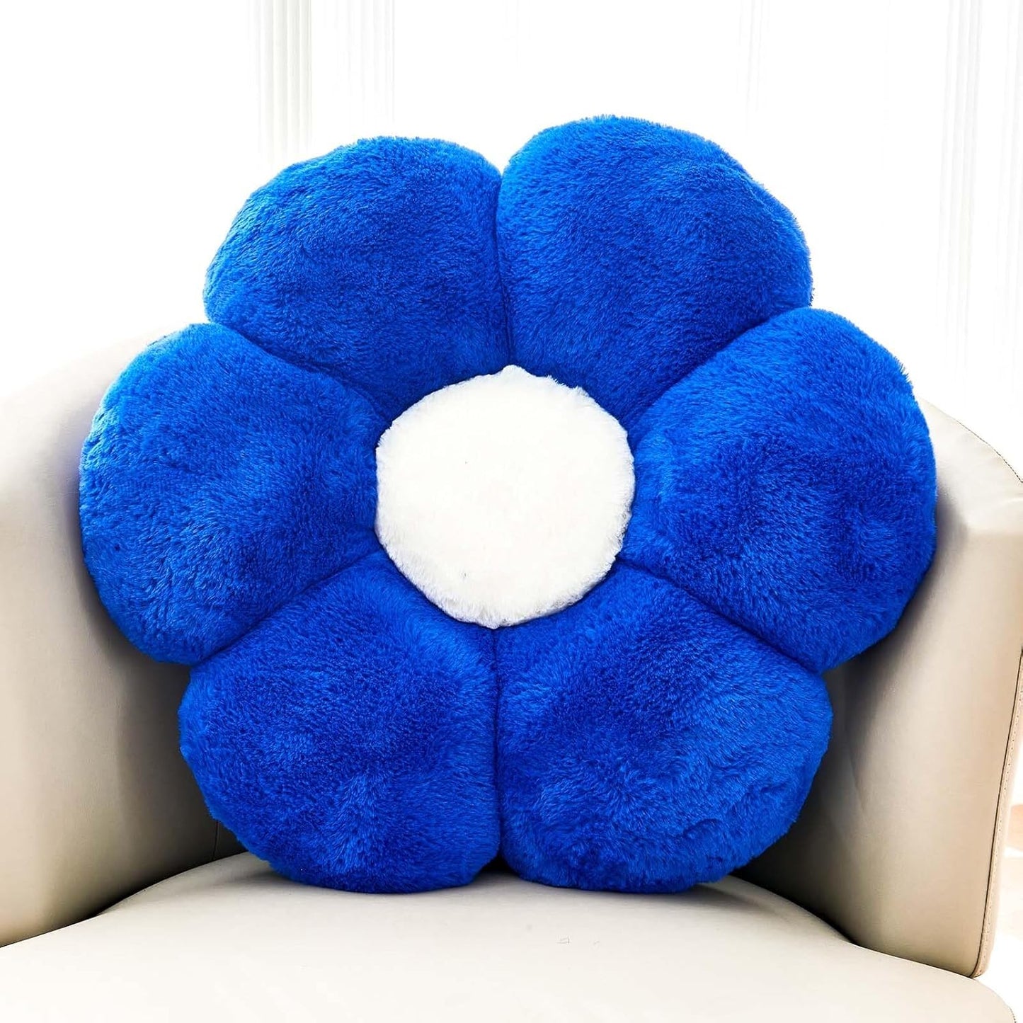 Royal Blue Flower Pillow, Cute Decorative Flower Shaped Throw Pillow with Faux Rabbit Fur, 19.6" Soft Flower Plush Throw Pillow Floor Pillows Room Décor for Bedroom Living Room