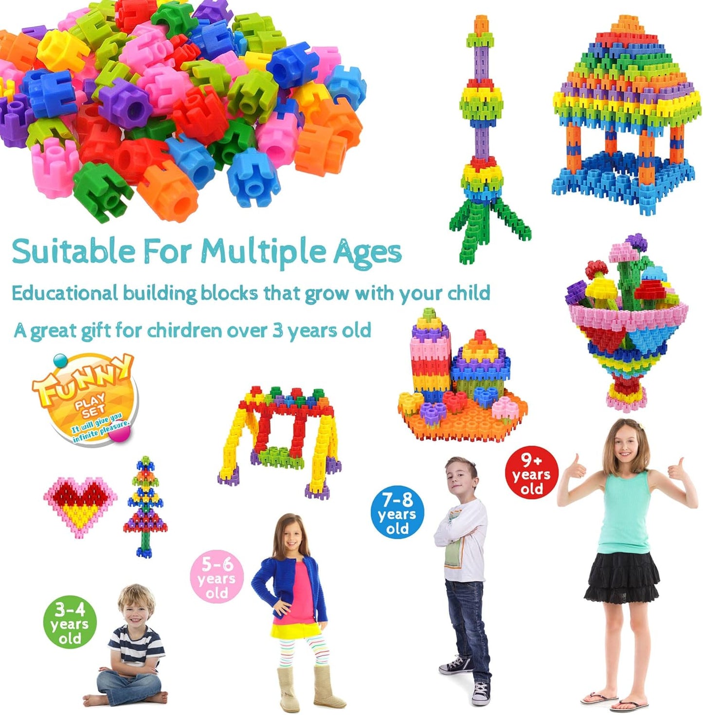 Kids Toys Interlocking Learning Set, STEM Construction Set - Ages 3+ STEM Toys 300 Pcs - 9 Colors