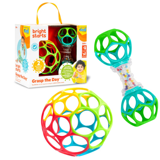 Bright Starts Easy-Grasp Oball Bundle Gift Set - Grasp The Day, Ball and Rattle Toys 2-Pack, BPA