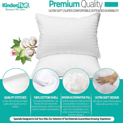 kinder Fluff Toddler Pillows (2pk) - The only Pillow for Kids 300T Cotton Shell & Down Alternative Fill - Machine Washable, Ideal Cushion for Kids Above 2 Years (13x18in - White)