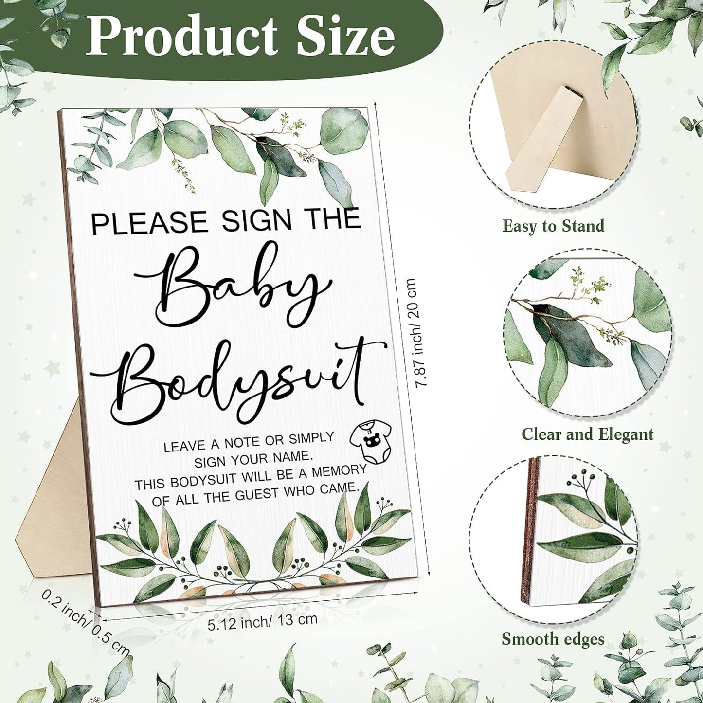 Qunclay 12 Pcs Baby Bodysuit Baby Shower Game Include 1 Game Wooden Sign Tabletop Decor 1 White Blank Newborn Bodysuit 10 Fabric Marker for Gender Reveal Party(Greenery)