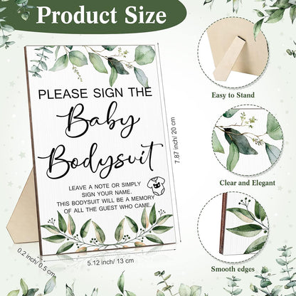 Qunclay 12 Pcs Baby Bodysuit Baby Shower Game Include 1 Game Wooden Sign Tabletop Decor 1 White Blank Newborn Bodysuit 10 Fabric Marker for Gender Reveal Party(Greenery)