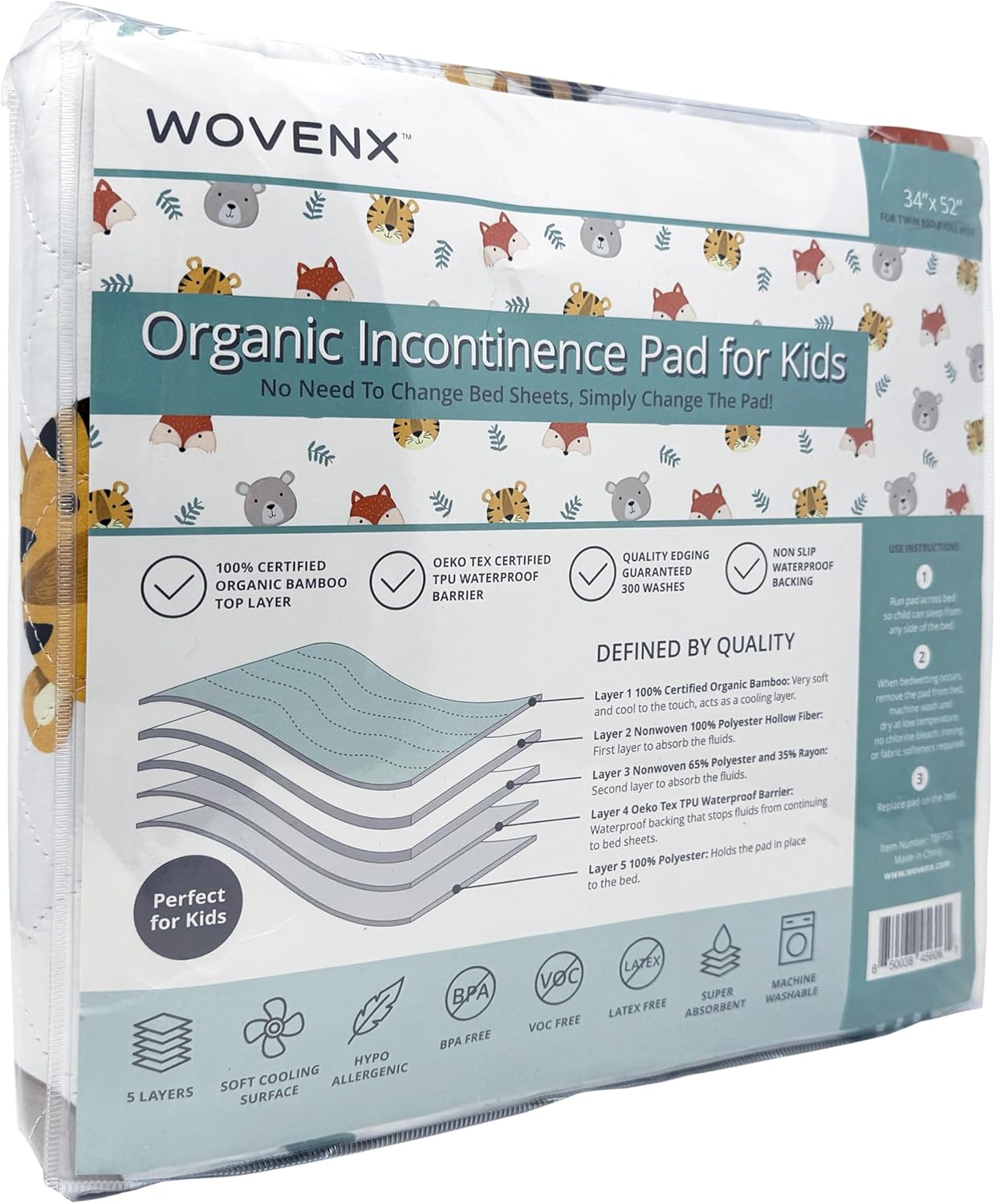 Organic Incontinence Pads for Kids & Toddlers - 5 Layer Waterproof Protectors for Overnight Bed