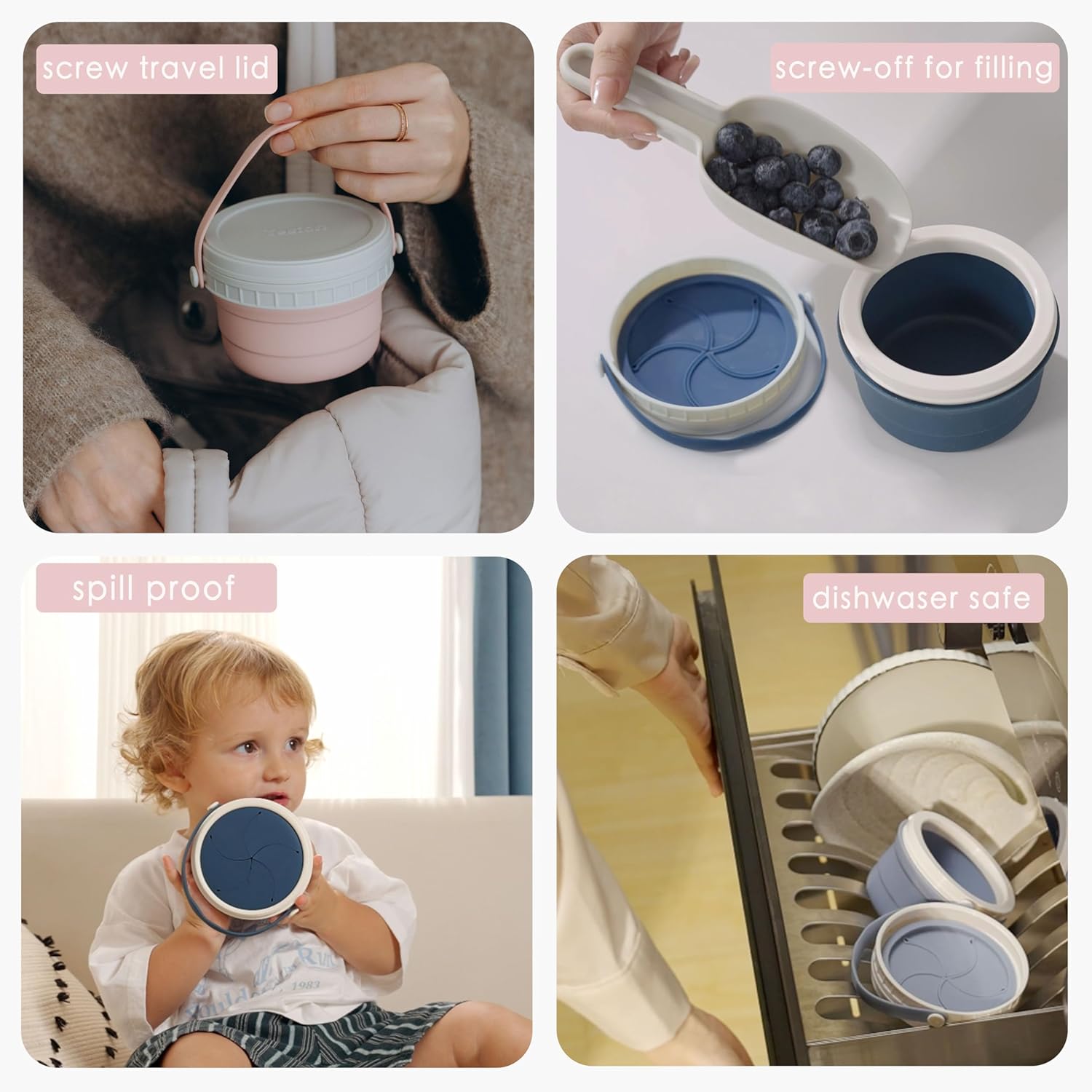 No Spill Silicone Toddler Snack Containers, Detachable Silicone Flap for Filling&Cleaning