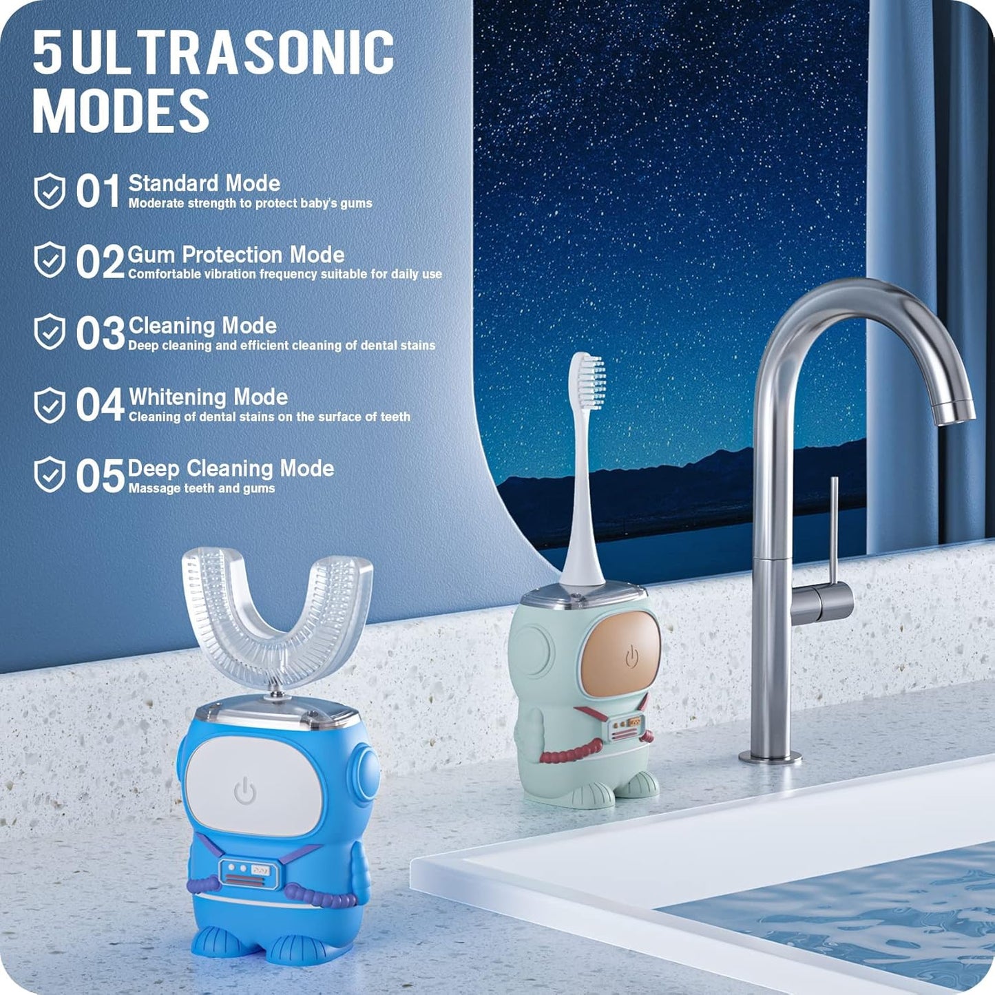 RexCodar Ultrasonic Kid's U-Shaped Electric Toothbrush, IPX7 Waterproof, Five Cleaning Modes, 60S