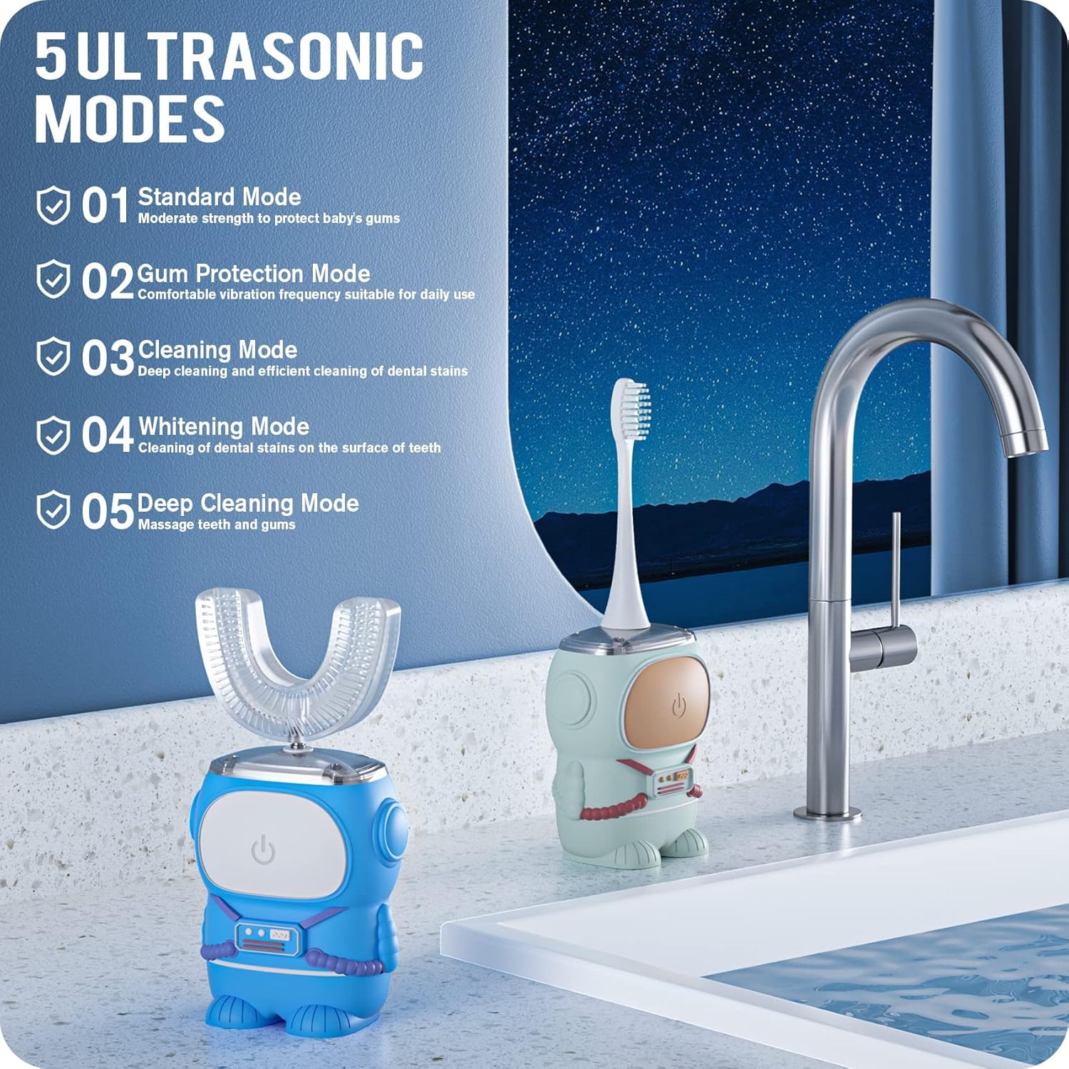RexCodar Ultrasonic Kid's U-Shaped Electric Toothbrush, IPX7 Waterproof, Five Cleaning Modes, 60S
