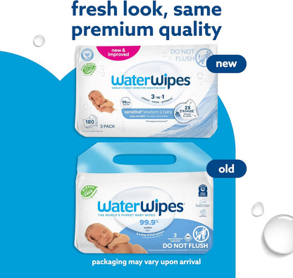 WaterWipes Sensitive+ Newborn & Baby Wipes, 3-In-1 Cleans, Cares, Protects, 99.9% Water, Unscented