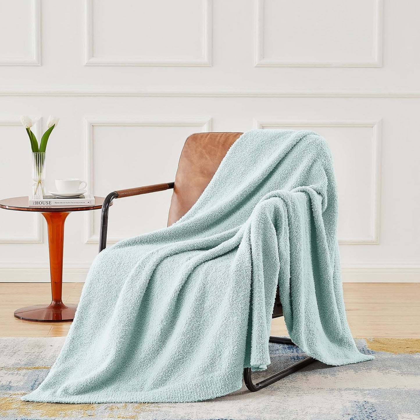CYMULA Knit Throw Blanket for Couch Sky Blue - Super Soft Lightweight Plush Fuzzy Fluffy Cozy