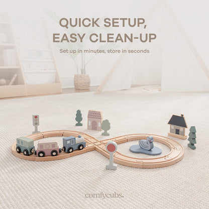 Comfy Cubs 30-Piece Wooden Train Set for Toddlers Ages 1+, Fun & Eco Friendly Toddler Train Set