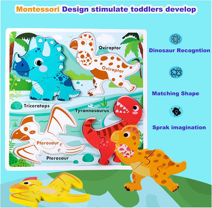 Wooden Jumbo Base Dinosaur Puzzle1-3, Dinosaurs Toys for 2 3 Years Old Boy Girls Kids,Toddler Toys Ages 2-4,Preschool Wood Dino Educational Gifts for Boys