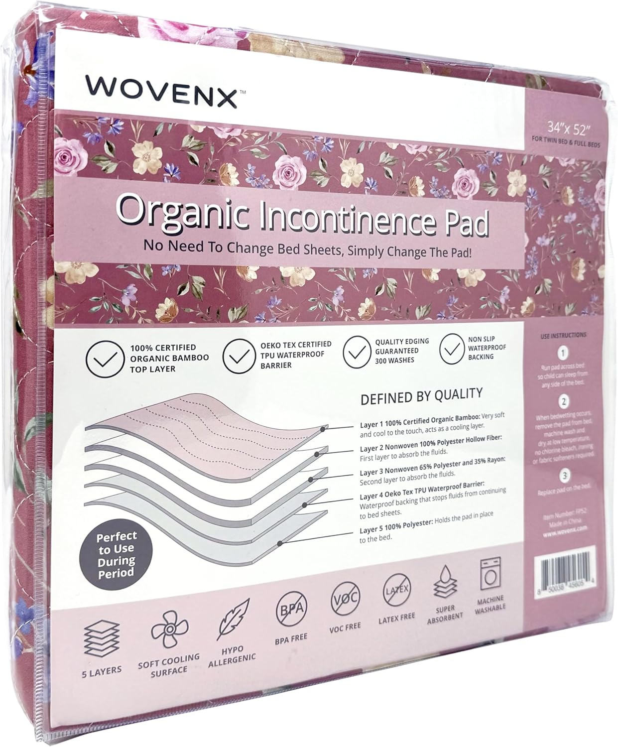 Organic Incontinence Pad for Period - Waterproof Protectors - Reusable Washable Pee Pad - Fits Twin