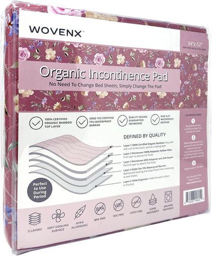 Organic Incontinence Pad for Period - Waterproof Protectors - Reusable Washable Pee Pad - Fits Twin