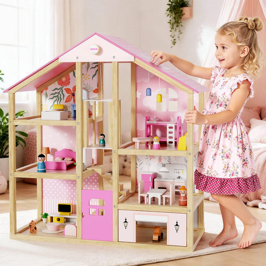 BIERUM Wooden Dollhouse for Girls, Doll House with 5 Rooms Play Toys, Pink