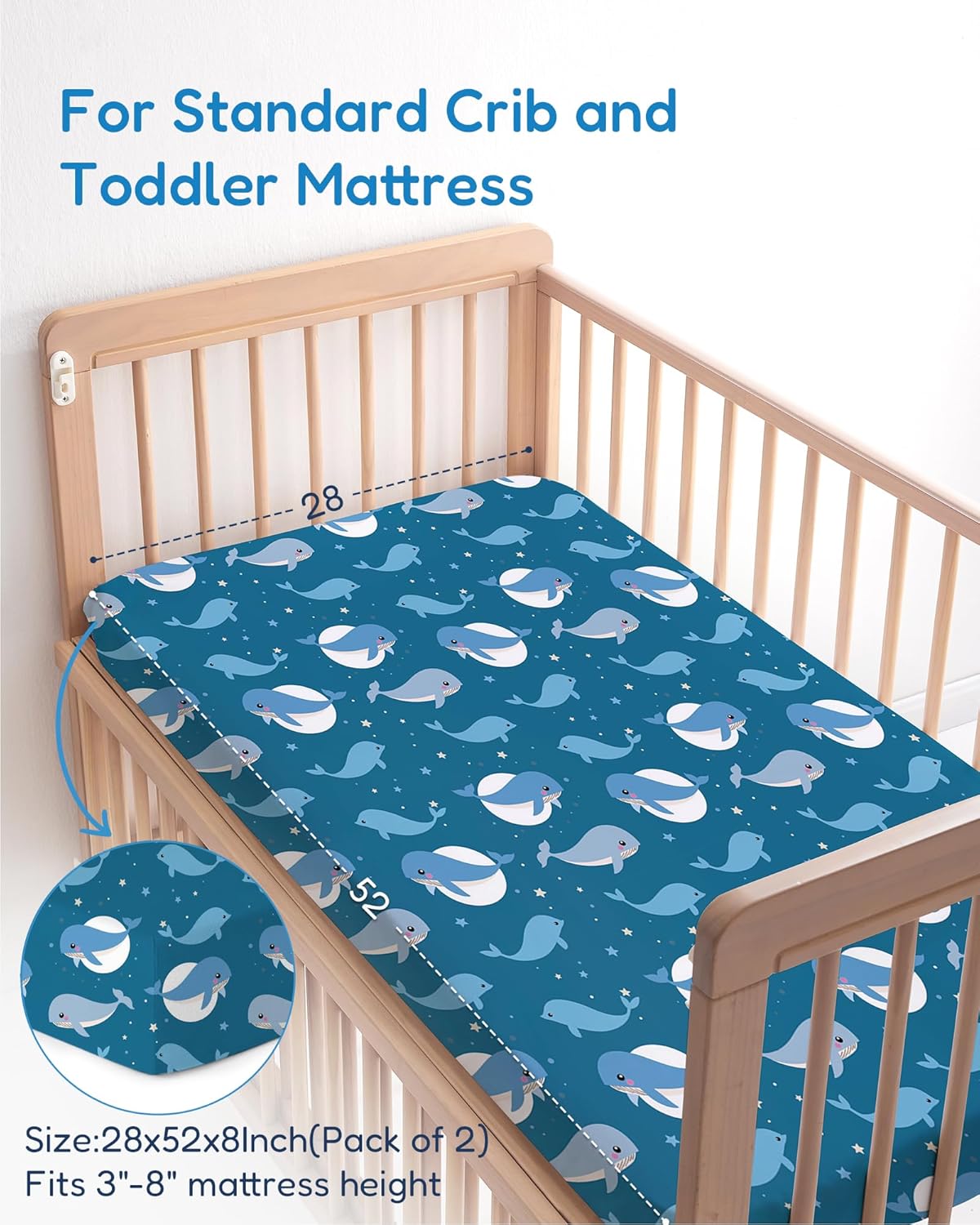 Baby Crib Sheets for Standard Crib Mattress - Navy Whale+Blue, Ultra Soft Jersey Knit, Breathable