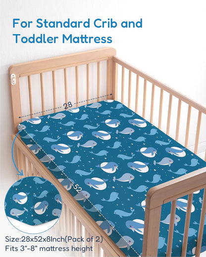 Baby Crib Sheets for Standard Crib Mattress - Navy Whale+Blue, Ultra Soft Jersey Knit, Breathable