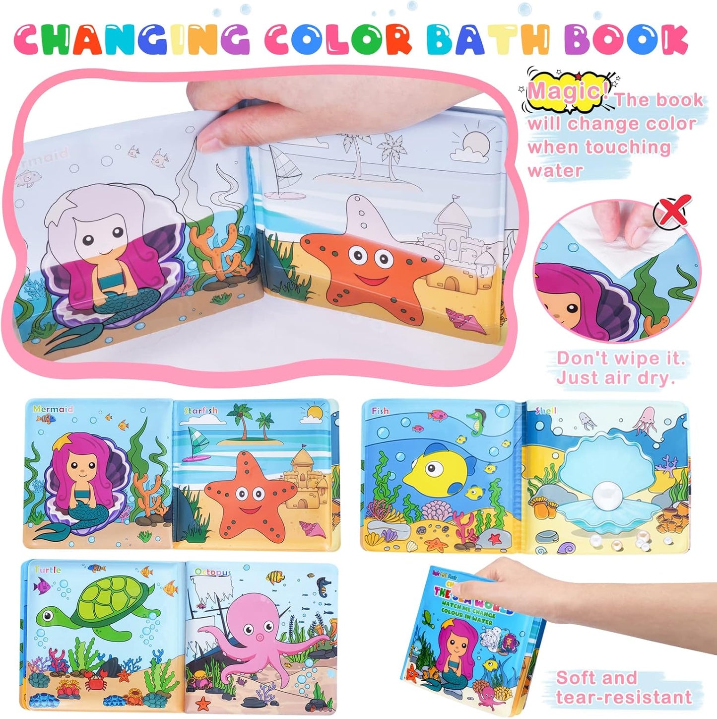 Light Up Bath Toys for Toddlers Kids Girls Baby, No Hole Glow Bath Toys with Bath Book & Organizer