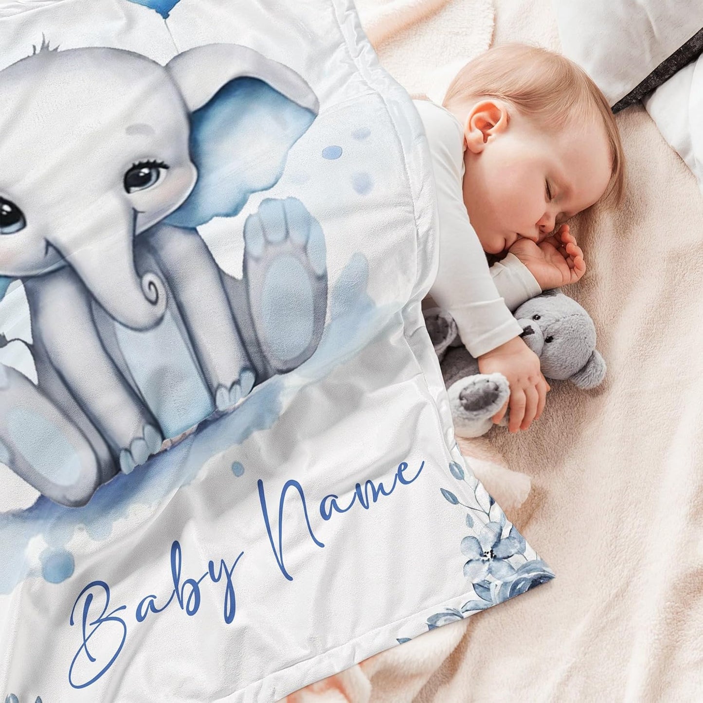 Personalized Baby Blanket for Boy Girl Newborn Custom Elephant Blanket with Name Customized Gifts for Baby Shower Birthday Christmas