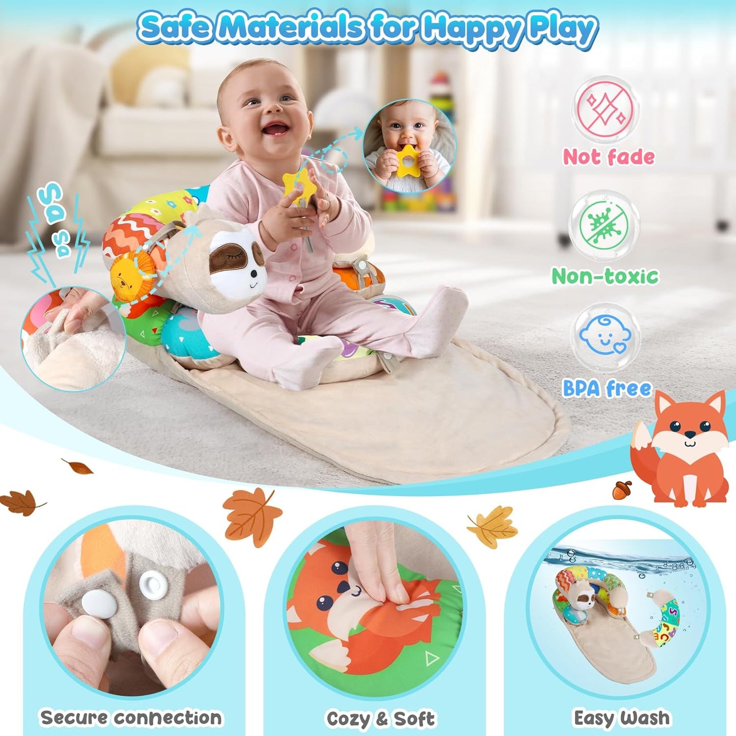 URMYWO Tummy Time Mat - 4 in 1 Cozy Tummy Time & Seated Support Pillow, Tummy Time Pillow for Newborn 0-12 Months, Infant Baby Sit Me Up Floor Seat Early Sensory Development Gifts Tummy Time Play Toys