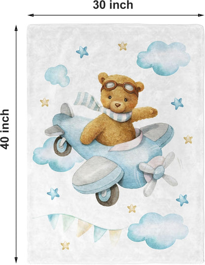 UNIQUE Little Bear Ultra Soft Fleece Baby Blanket 30x40in, Pilot Bear Baby Blanket, Boy