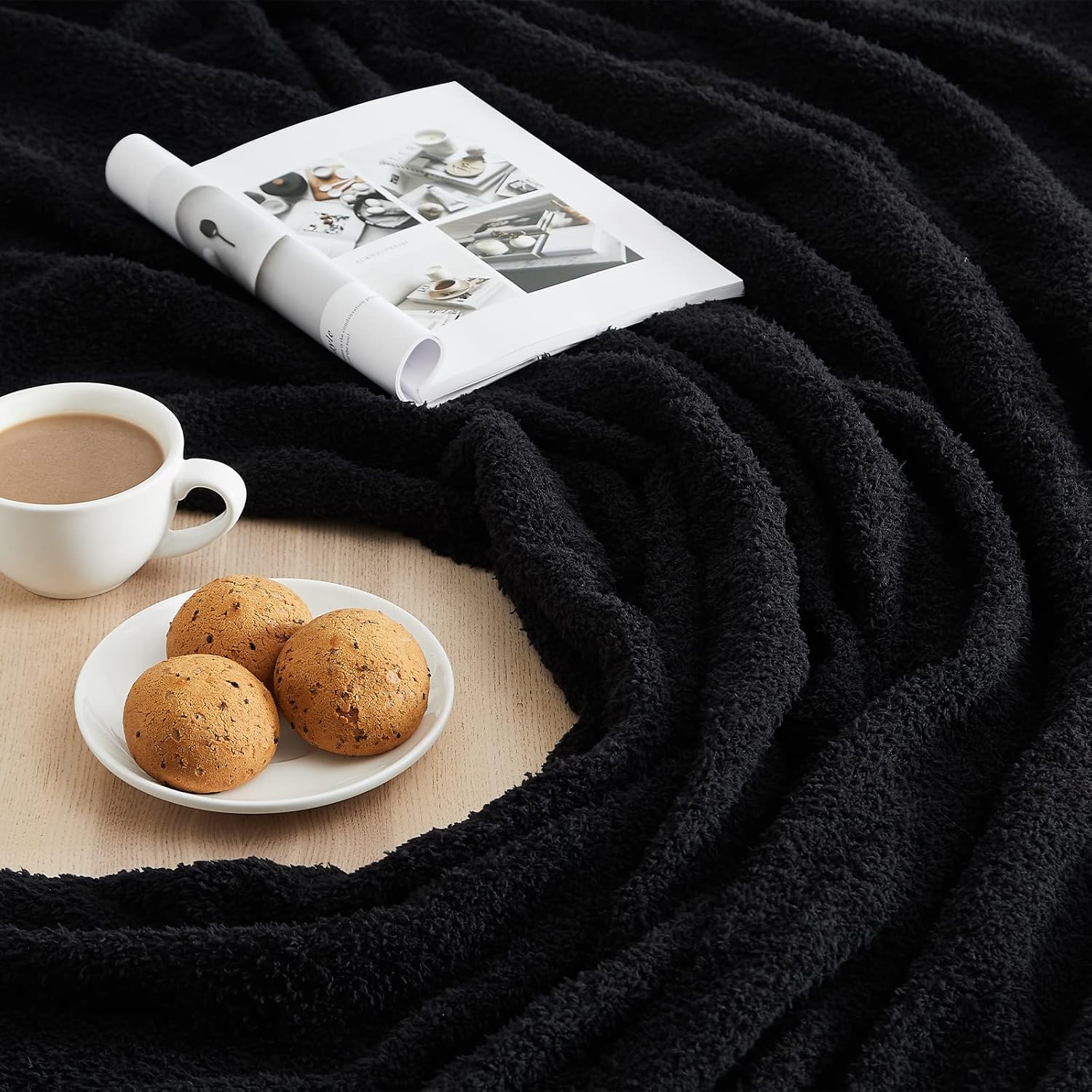CYMULA Knit Throw Blanket for Couch Black-Super Soft Lightweight Plush Fuzzy Fluffy Cozy Blankets