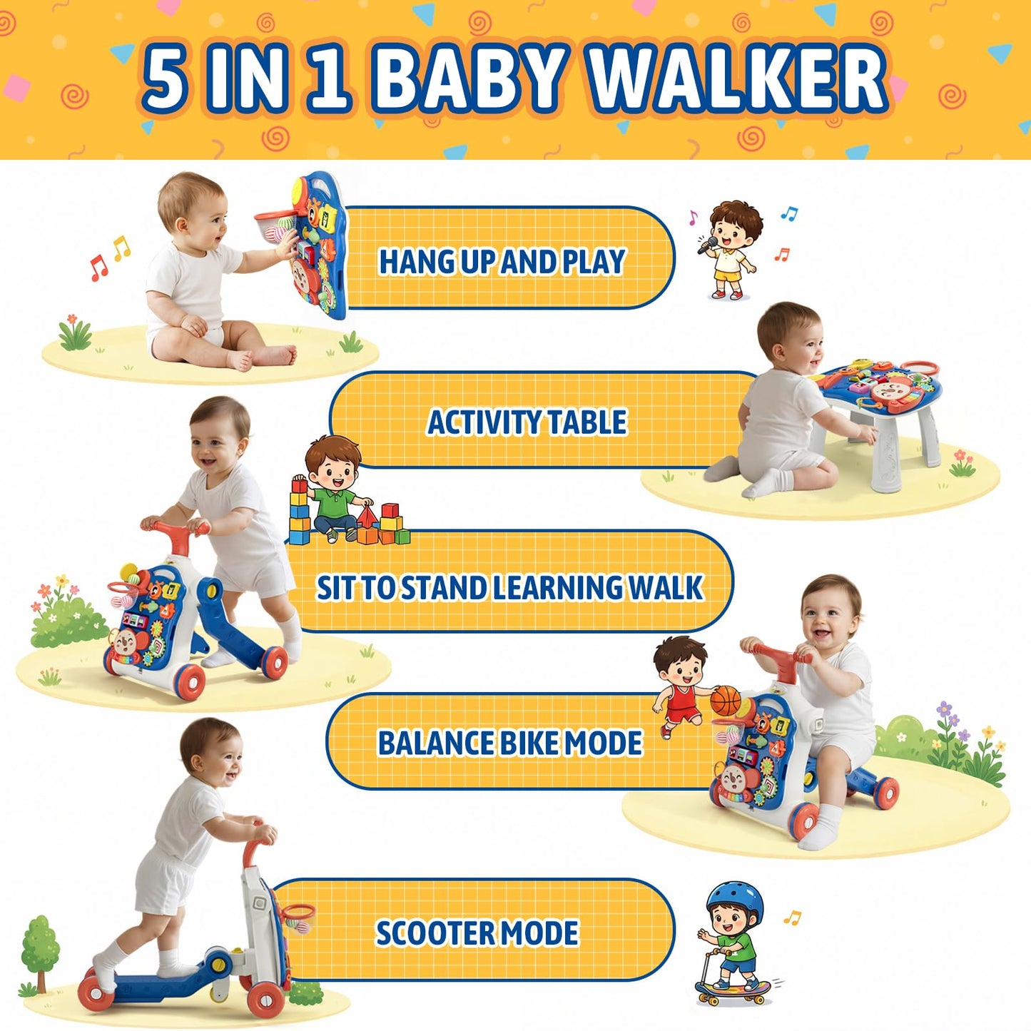 HYES 5 in 1 Baby Push Walker for Baby Boy, Blue