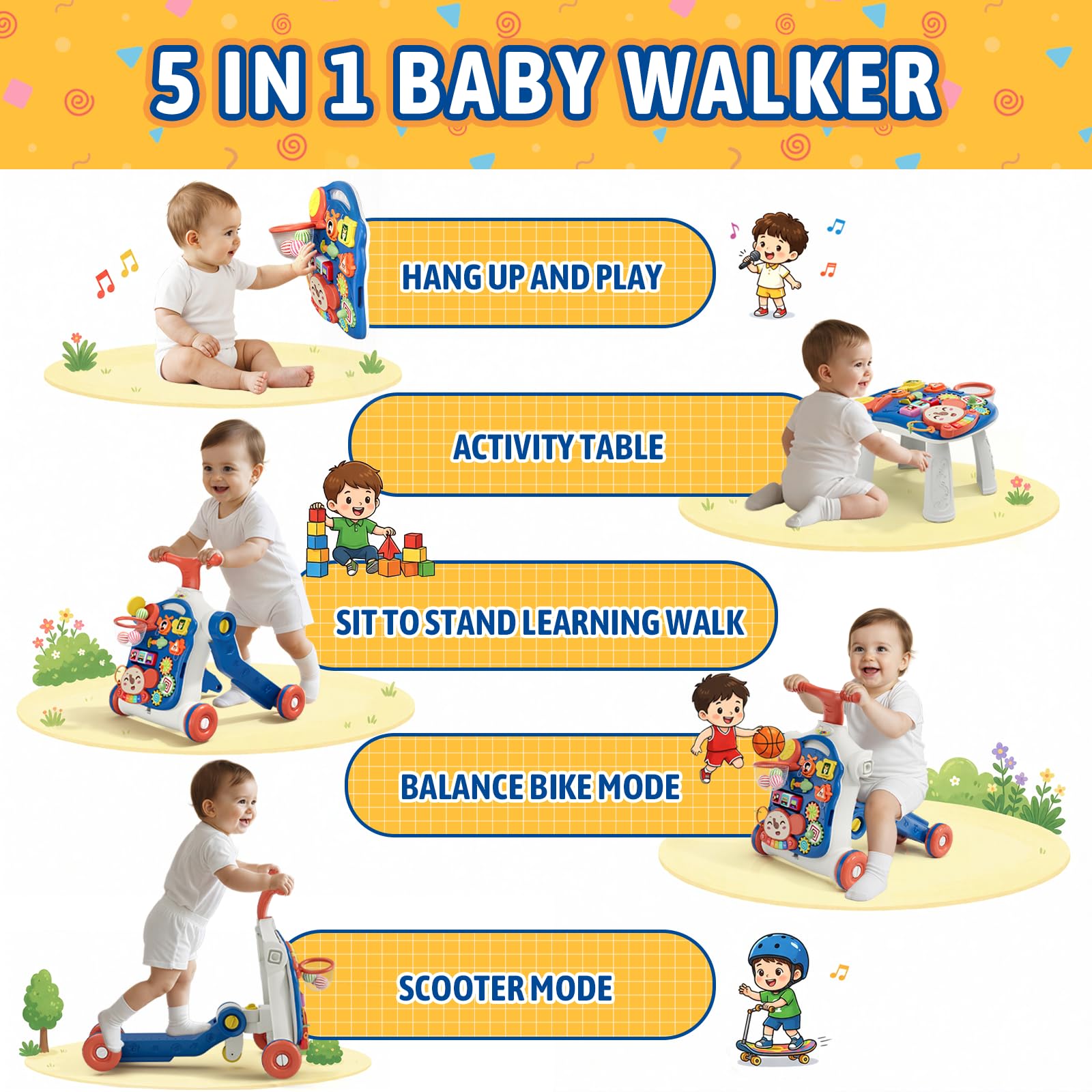 HYES 5 in 1 Baby Push Walker for Baby Boy, Blue