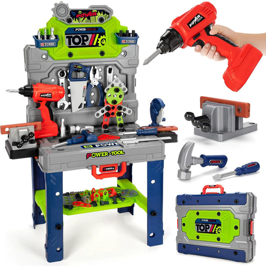 Kids Tool Bench Set with Electric Drill and Realistic Tools, Construction Workbench Playset Toy for