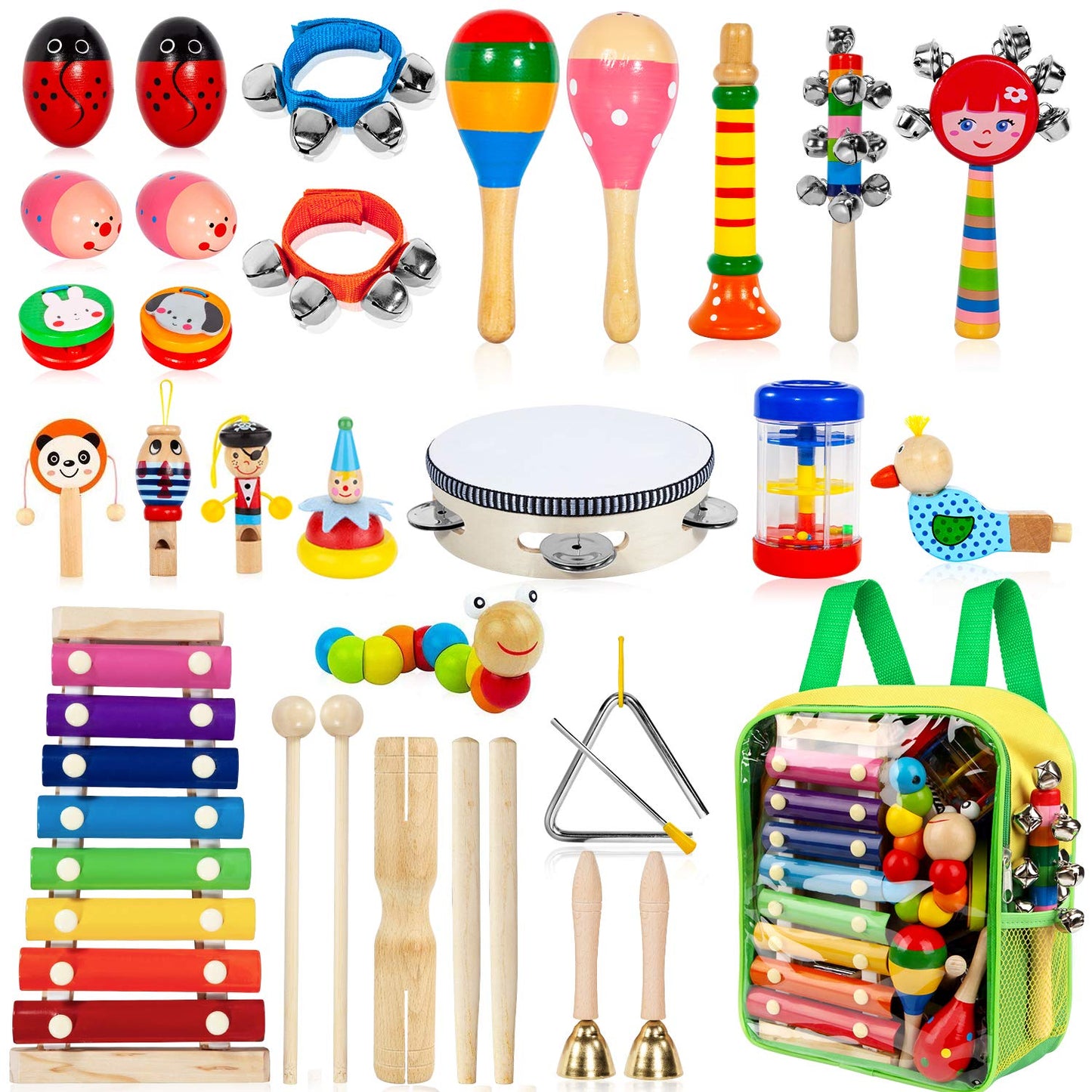 Kids Musical Instruments, 33Pcs 18 Types Wooden Percussion Instruments Tambourine Xylophone Toys
