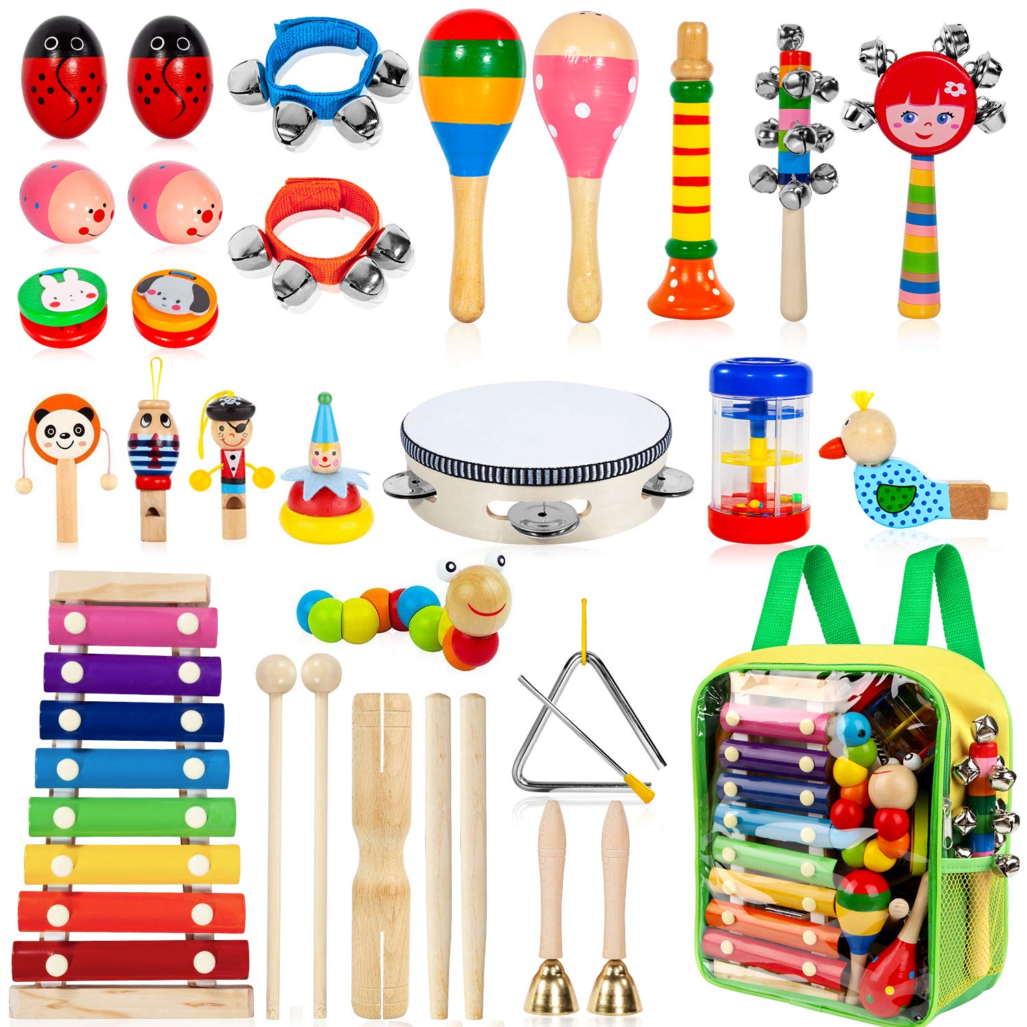 Kids Musical Instruments, 33Pcs 18 Types Wooden Percussion Instruments Tambourine Xylophone Toys