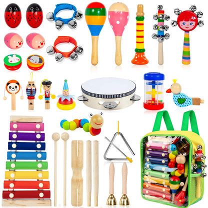 Kids Musical Instruments, 33Pcs 18 Types Wooden Percussion Instruments Tambourine Xylophone Toys